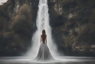 A woman in front of a waterfall