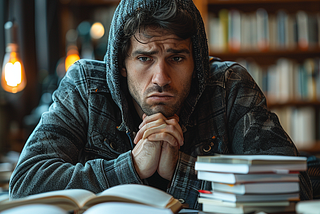 an image of a person who seems to be wrestling with a challenge or deep in thought, surrounded by books. If this image is to accompany a piece of your writing, you could draw a parallel between the concentrated gaze and the intense focus required to hone a skill, like writing. It’s a visual representation of the diligence and sometimes the overwhelm that comes with striving for improvement, whether it be in writing or any other pursuit. It serves as a powerful metaphor for the journey of persona