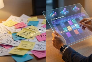 A split screen showing chaotic sticky notes versus a structured digital calendar, illustrating the benefits of ai content marketing.