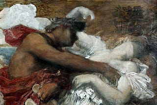 Painting of a male figure (Orpheus)in red ancient greek robes embracing a limp pale woman (Eurydice) wearing white.