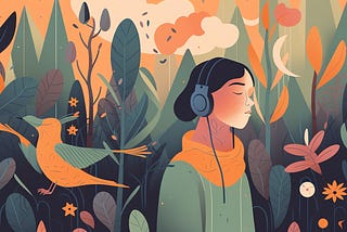 illustration of a teenaged girl surrounded in nature listening to headphones