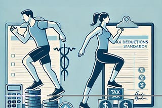 Illustration of two symbolic figures, one male and one female, representing a health-based model for free healthcare and financial incentives. The male figure on the left is running on stacked coins, symbolizing fitness test eligibility for free healthcare. The female figure on the right steps on a platform labeled with tax symbols and financial documents, representing incentives such as tax deductions for meeting higher fitness standards. The minimalist background keeps the focus on the two fig