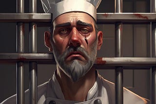 An image of a very sad male chef wearing a white chef’s jacket and a white chef’s hat. He is surrounded by jail bars.