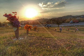 Image taken at my son’s grave. The golden morning rays of sun are shining over the flowers in the cemetery. In the distance, the clouds cast a shadow on the Appalachian mountains. The feeling is hopeful..