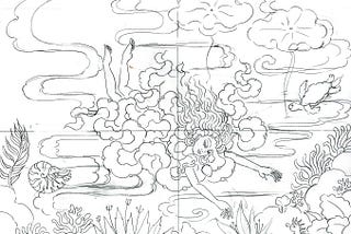 Drawing in pencil for my current painting, ‘The Night Swimmer’. It celebrates the wonders of the sea, and at the same time, it is a plea to keep our oceans and all ocean life protected and clean. Artwork © the author.