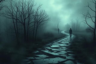 A human shaped figure walks down a dark path of shattered glass.