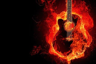 A six-string guitar in flames as if it is being destroyed.