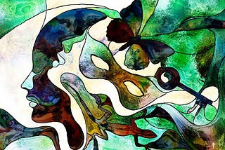 A person’s face in portrait, a mask, and a butterfly in a green dominant multicoloured design reminiscent of stained glass