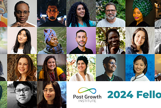 A collage of profile pictures featuring a diverse group of people from around the world. The PGI logo (a yellow / blue / green panarchy symbol) and text in teal reads “2024 Fellows.”