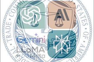 IMAGE: The ChatGPT, Anthropic, Gemini, LLaMA and Perplexity logos, covered by a semi-transparent image of the Federal Trade Commission logo