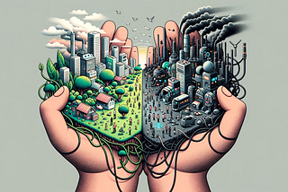 Meta-modern style illustration of a child’s hands holding two contrasting worlds. In one hand, there’s a tech-utopia miniature landscape with greenery, clean energy sources, and harmonious human-robot interactions. In the other hand, there’s a tech-dystopia scene with dark, over-industrialized buildings, smog, and disconnected individuals amid a web of tangled wires.