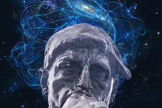 Close up of The Thinker amidst Cosmic glow