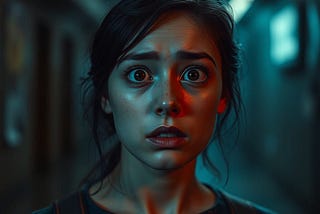 Woman looking into the picture with a shocked look on her face