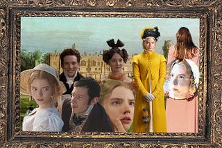 A silver antique frame is titled and frames a collage of images. They’re multiple images from the 2020 Film Emma. Emma is a blonde English woman dressed in period dresses that are pastel in color. She has curly hair. In the corner a woman in a pink dress stands with her hair covering her face, in her hands, she holds a mirror which shows a reflection of Emma looking confused.