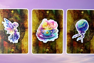 Three oracle pick a card piles: pile 1 — fairy, pile 2 — tea, and pile 3 — lollipop