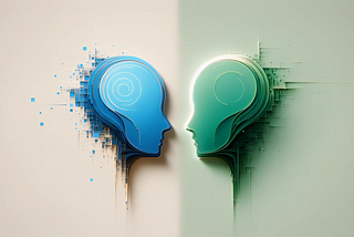 The image features two abstract, side-facing head profiles, one blue and the other green, against a light background. They have simplistic inner designs, with the blue head showing concentric circles and the green head sporting a single swirl. Both have a pixelated trail behind them, suggesting digital fragmentation or assembly. The artwork conveys a modern, digital vibe, possibly representing technology or communication.