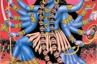 Goddess Kali is considered to be the goddess of ultimate power, time, destruction and change. The blue goddess with many arms, swords, and heads of Shiva, stands over Shiva’s dead body.