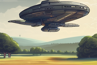 A aceship hovering over an open field
