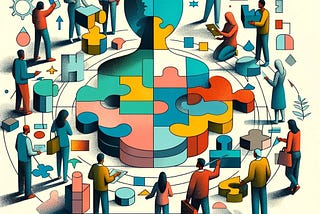 This image features a conceptual and abstract illustration of a team creating proto-personas. A central figure is composed of puzzle pieces, surrounded by people contributing additional pieces and ideas, symbolizing a collaborative effort in user experience design. The style is reminiscent of mid-century graphic art with a modern twist, using a palette of muted colors and geometric shapes to represent the diversity of user attributes and behaviors in the persona development process.