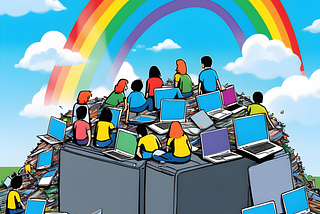A bunch of teenagers sitting on a pile of defunct laptops and watching with wonder a beautiful rainbow in the sky.