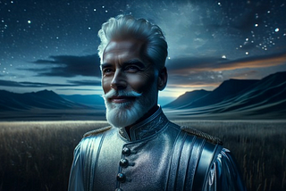 A guy with white hair and beard, starry sky in the background