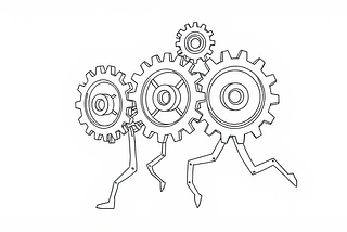 A line drawing of intersecting gears with some of those having legs that are running.