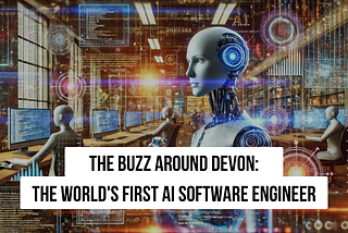 Cover image for article The Buzz Around Devon: The World’s First AI Software Engineer. Where a AI robot is thinking and some AI robots are working in the background on computers like humans.