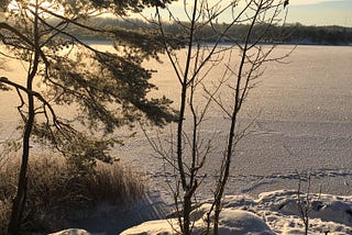 Frozen lake with snow covering it and tress in the foreground