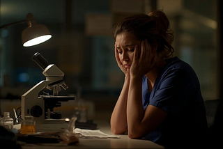 A weary medical laboratory scientist, sitting quietly beside a microscope under dim light, capturing the silent emotional weight of burnout and exhaustion.