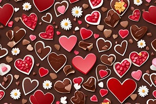 AI image of hearts, chocolates and daisies on a brown background.