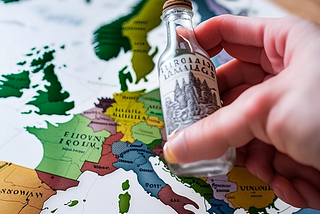 A map of Europe with a small craft spirits bottle over it