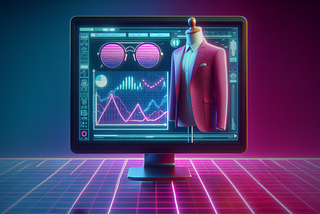 Unlock the power of 3D visualization in modern marketing with Designhubz. This image features a vibrant neon-lit computer monitor displaying a 3D modeled suit and a pair of glasses, set against a dynamic background with glowing financial graphs. It epitomizes the fusion of fashion, data analytics, and digital technology, highlighting the strategic role of 3D visuals in enhancing marketing campaigns. Visit Designhubz to read about leveraging 3D technology for compelling marketing narratives.