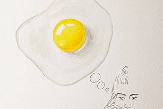 A person with a thought bubble taking the shape of a fried egg