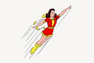 Comic book drawing of a female superhero flying.