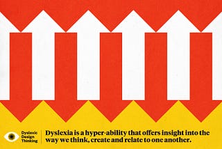 Red, white and yellow illustration of overlapping arrows, illustrating how dyslexia offers insight into creation and collaboration.