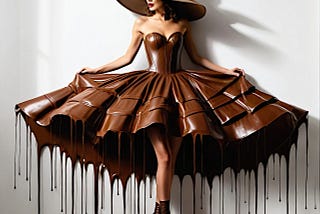 An ai generated image showing a woman wearing a chocolate hat and a chocolate dress.