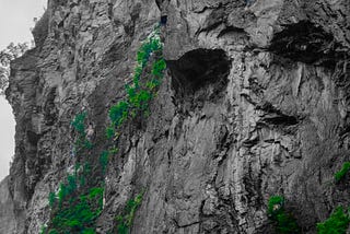A black and white image of a rock cliff, with natural features suggesting a human face, and with colorized vegetation on either side in over-saturated green.