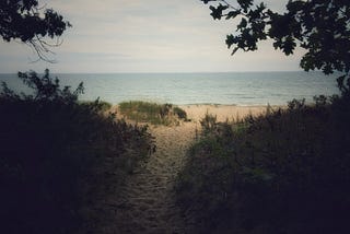 Photo of a sandy trail surrounded by greenery. It leads to a sandy shore with an expansive view of the ocean.