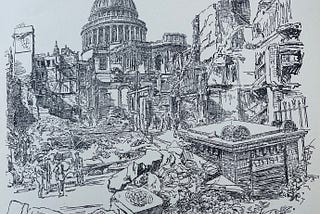 A line-drawing of St. Paul’s caherdral amidst the wreckage of war-torn London, Sept. 1941 (image source: Hanslip Fletcher, from the author’s own collection)