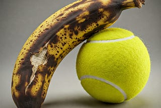 Brown banana leaning on a tennis ball