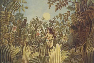 Stylistic, jungle-like Garden of Eden with a small Eve half-hidden in the brush, under the sun, gathering flowers