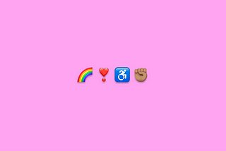 Graphic of rainbow, heart, accessibility, and brown raised fist icons on a pink background.