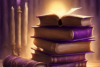 A stack of purple books and a purple scroll next to three candle sticks with only one lit in a purple flame and a figure gowned in light standing behind it all.