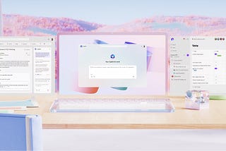 A 3D render image with a soft color palette from periwinkle to lavender. The image itself depicts multiple laptop screens with various productivity user interfaces from Microsoft 365 experiences. Each interface depicts  UX for the new conversation box that houses Copilot. In the background of the image, instead of just a white wall, there are luscious light blue and pink hills.