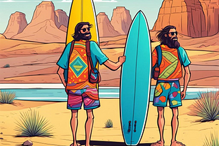 Two surfers hitch hiking in the desert.