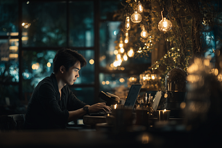 Image of a man working at night in a dimly lit cafe.