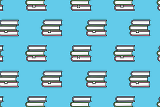 A pattern made up of a repeated icon of three books in a pile on top of each other. The top book has a lilac cover, the middle book has a green cover and the bottom book has a peach coloured cover. The piles of books are on a bright blue background.