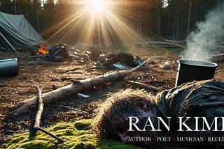 A man wakes up on the ground at a campsite at dawn with the fire smoldering and the sun breaking through the trees.