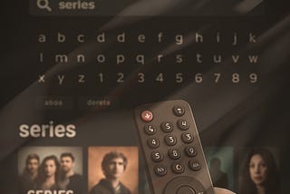 Hand holds a remote, searching for “series” on a TV screen. Letters and numbers appear above a row of show thumbnails.