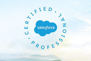 Salesforce Certified Professional logo on a cloudy sky background with mountain tops visible at the bottom of the picture.